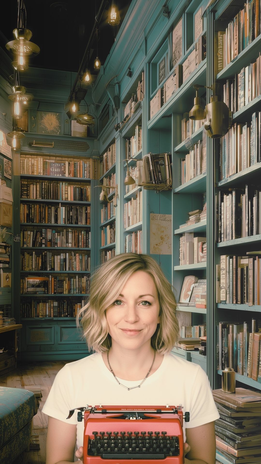 Retrato editorial de Marisa Sousa, fundadora da Máquina de Escrever, com uma máquina de escrever, numa biblioteca.